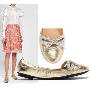 MARC JACOBS SHOES WILLA GOLD LEATHER BALLET FLATS CRYSTAL BOW sz 8 38